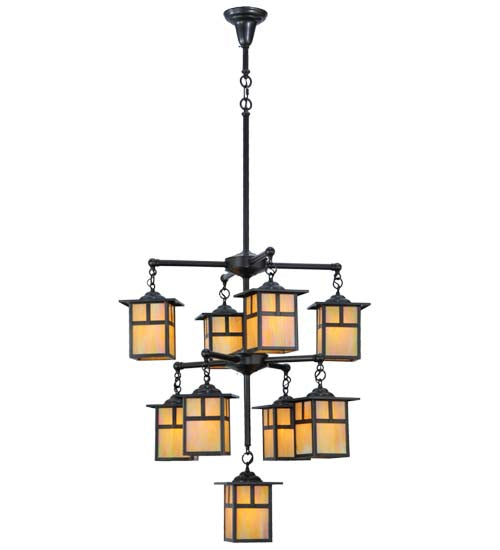 Meyda Lighting Hyde Park 34" 9-Light Craftsman Brown T Mission Chandelier With Beige Iridescent Shade Glass
