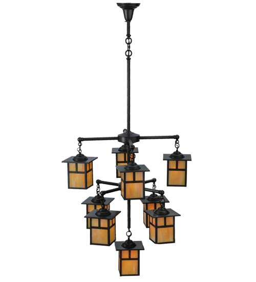 Meyda Lighting Hyde Park 34" 9-Light Craftsman Brown T Mission Chandelier With Beige Iridescent Shade Glass