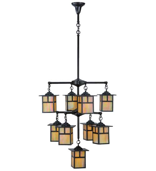 Meyda Lighting Hyde Park 34" 9-Light Craftsman Brown T Mission Chandelier With Beige Iridescent Shade Glass