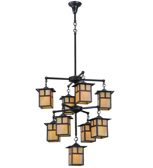 Meyda Lighting Hyde Park 34" 9-Light Craftsman Brown T Mission Chandelier With Beige Iridescent Shade Glass