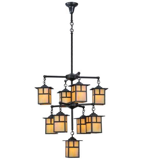 Meyda Lighting Hyde Park 34" 9-Light Craftsman Brown T Mission Chandelier With Beige Iridescent Shade Glass