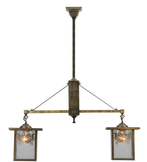 Meyda Lighting Hyde Park 36" 2-Light Antique Brass Winter Pine Island Pendant Light With Clear Seeded Shade Glass