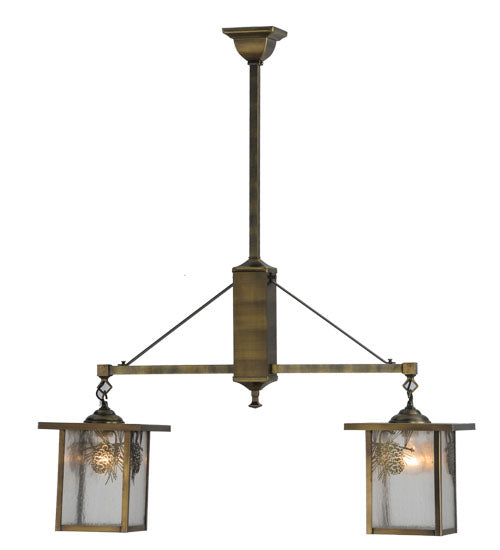 Meyda Lighting Hyde Park 36" 2-Light Antique Brass Winter Pine Island Pendant Light With Clear Seeded Shade Glass