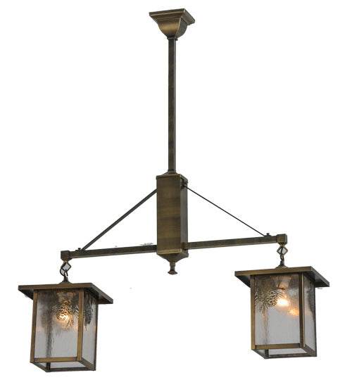 Meyda Lighting Hyde Park 36" 2-Light Antique Brass Winter Pine Island Pendant Light With Clear Seeded Shade Glass