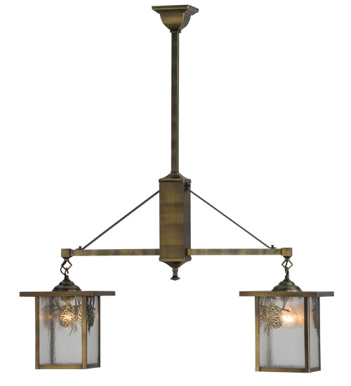 Meyda Lighting Hyde Park 36" 2-Light Antique Brass Winter Pine Island Pendant Light With Clear Seeded Shade Glass