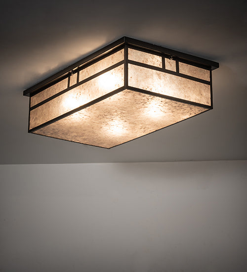 Meyda Lighting Hyde Park 36" 4-Light Craftsman Brown Double Bar Mission Island Flush Mount Light With Silver Mica Shade Glass