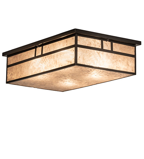 Meyda Lighting Hyde Park 36" 4-Light Craftsman Brown Double Bar Mission Island Flush Mount Light With Silver Mica Shade Glass