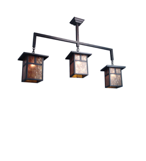 Meyda Lighting Hyde Park 39" 3-Light Craftsman Brown T Mission Island Pendant Light With Amber Mica Shade Glass