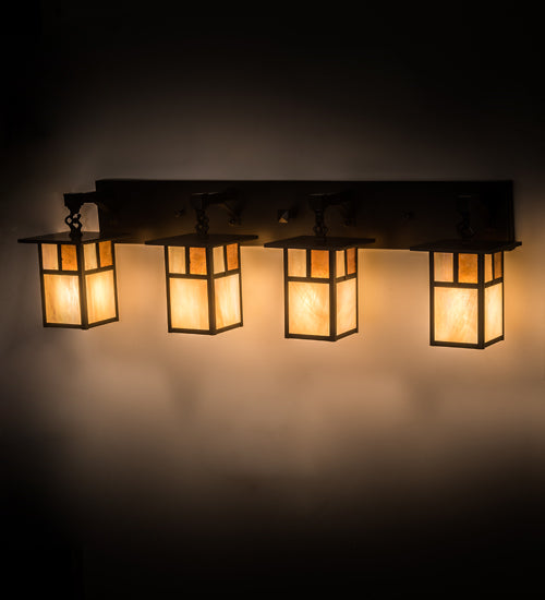 Meyda Lighting Hyde Park 39" 4-Light Craftsman Brown "T" Mission Vanity Light With Beige Iridescent And Amber Mica Shade Glass