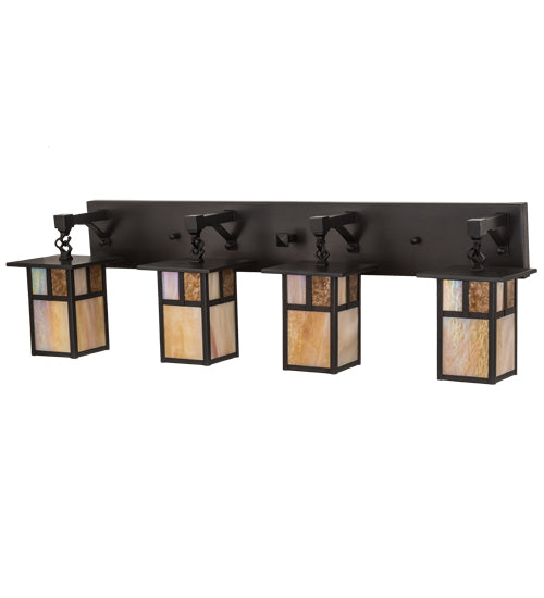Meyda Lighting Hyde Park 39" 4-Light Craftsman Brown "T" Mission Vanity Light With Beige Iridescent And Amber Mica Shade Glass