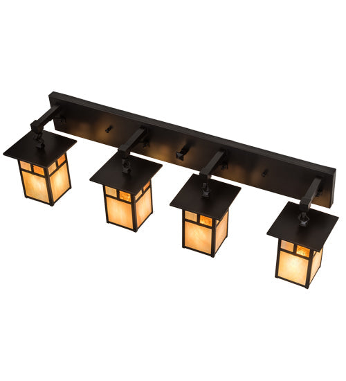 Meyda Lighting Hyde Park 39" 4-Light Craftsman Brown "T" Mission Vanity Light With Beige Iridescent And Amber Mica Shade Glass