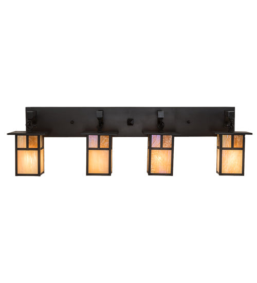 Meyda Lighting Hyde Park 39" 4-Light Craftsman Brown "T" Mission Vanity Light With Beige Iridescent And Amber Mica Shade Glass