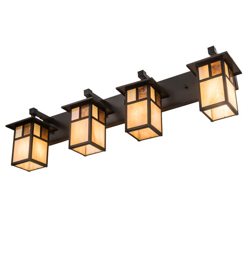 Meyda Lighting Hyde Park 39" 4-Light Craftsman Brown "T" Mission Vanity Light With Beige Iridescent And Amber Mica Shade Glass