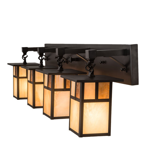 Meyda Lighting Hyde Park 39" 4-Light Craftsman Brown "T" Mission Vanity Light With Beige Iridescent And Amber Mica Shade Glass