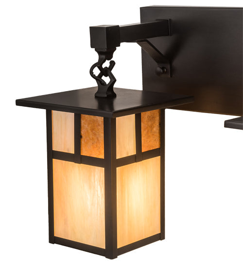 Meyda Lighting Hyde Park 39" 4-Light Craftsman Brown "T" Mission Vanity Light With Beige Iridescent And Amber Mica Shade Glass