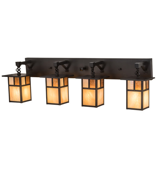 Meyda Lighting Hyde Park 39" 4-Light Craftsman Brown "T" Mission Vanity Light With Beige Iridescent And Amber Mica Shade Glass