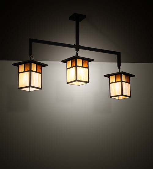 Meyda Lighting Hyde Park 47" 3-Light Craftsman Brown "T" Mission Pendant Light With Beige Iridescent & Amber Mica Shade Glass