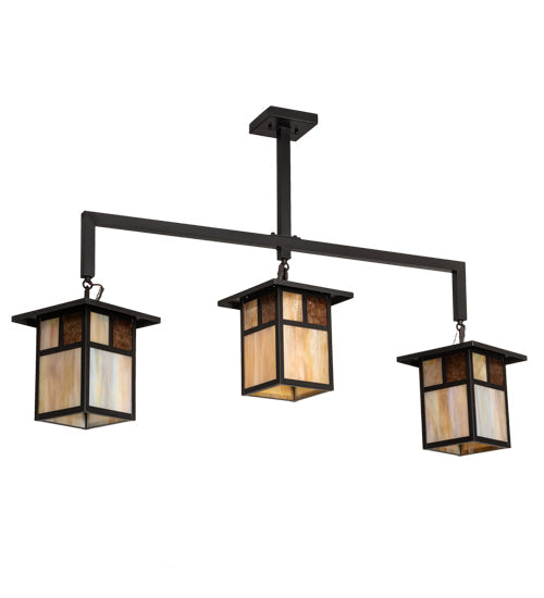 Meyda Lighting Hyde Park 47" 3-Light Craftsman Brown "T" Mission Pendant Light With Beige Iridescent & Amber Mica Shade Glass
