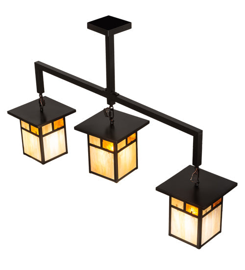 Meyda Lighting Hyde Park 47" 3-Light Craftsman Brown "T" Mission Pendant Light With Beige Iridescent & Amber Mica Shade Glass