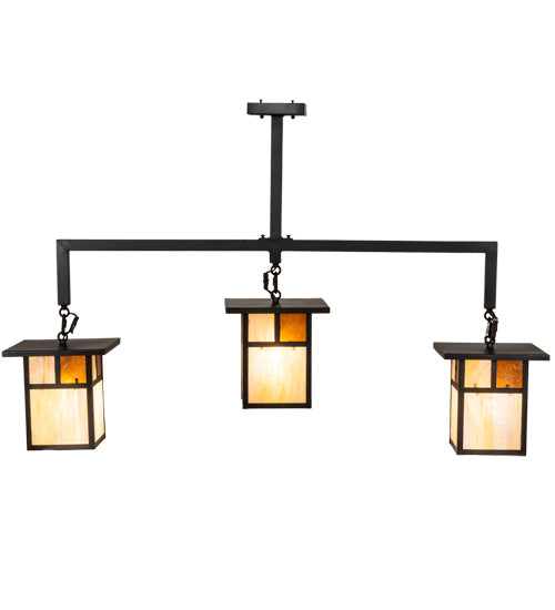 Meyda Lighting Hyde Park 47" 3-Light Craftsman Brown "T" Mission Pendant Light With Beige Iridescent & Amber Mica Shade Glass