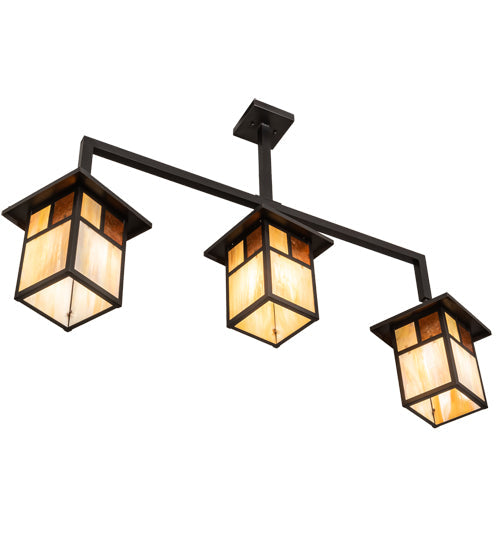 Meyda Lighting Hyde Park 47" 3-Light Craftsman Brown "T" Mission Pendant Light With Beige Iridescent & Amber Mica Shade Glass