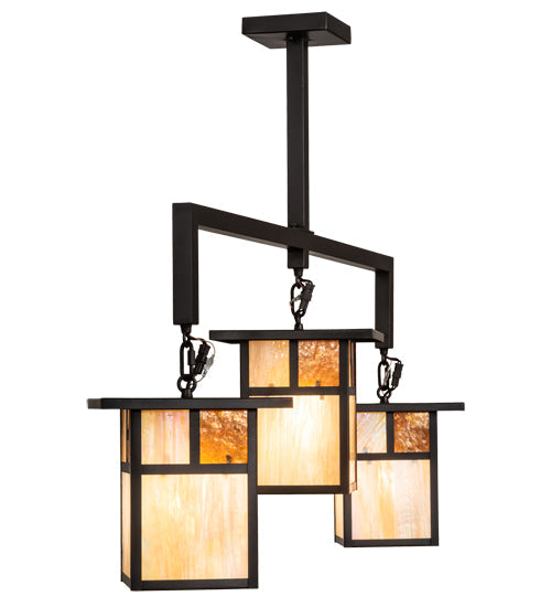 Meyda Lighting Hyde Park 47" 3-Light Craftsman Brown "T" Mission Pendant Light With Beige Iridescent & Amber Mica Shade Glass
