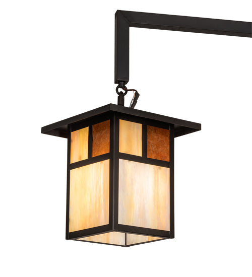 Meyda Lighting Hyde Park 47" 3-Light Craftsman Brown "T" Mission Pendant Light With Beige Iridescent & Amber Mica Shade Glass