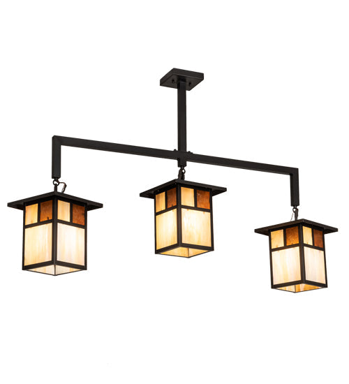 Meyda Lighting Hyde Park 47" 3-Light Craftsman Brown "T" Mission Pendant Light With Beige Iridescent & Amber Mica Shade Glass