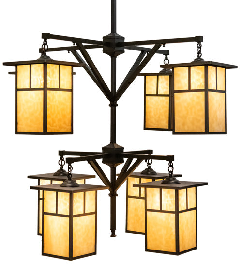 Meyda Lighting Hyde Park 48" 8-Light Craftsman Brown "T" Mission Chandelier With Beige Shade Glass