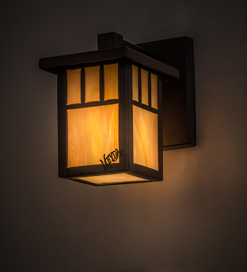 Meyda Lighting Hyde Park 5" Oil Rubbed Bronze Double Bar Mission Solid Mount Wall Sconce With Beige Iridescent Art Shade Glass