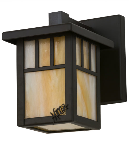 Meyda Lighting Hyde Park 5" Oil Rubbed Bronze Double Bar Mission Solid Mount Wall Sconce With Beige Iridescent Art Shade Glass