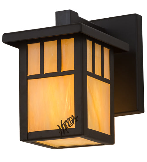 Meyda Lighting Hyde Park 5" Oil Rubbed Bronze Double Bar Mission Solid Mount Wall Sconce With Beige Iridescent Art Shade Glass