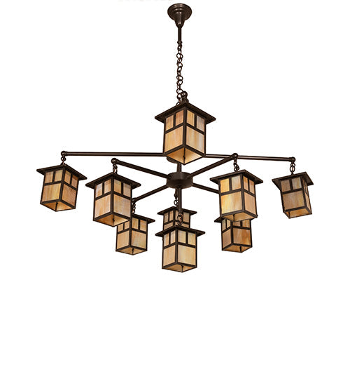 Meyda Lighting Hyde Park 50" 9-Light Craftsman Brown & Oil Rubbed Bronze "T" Mission Chandelier With Beige Iridescent Shade Glass