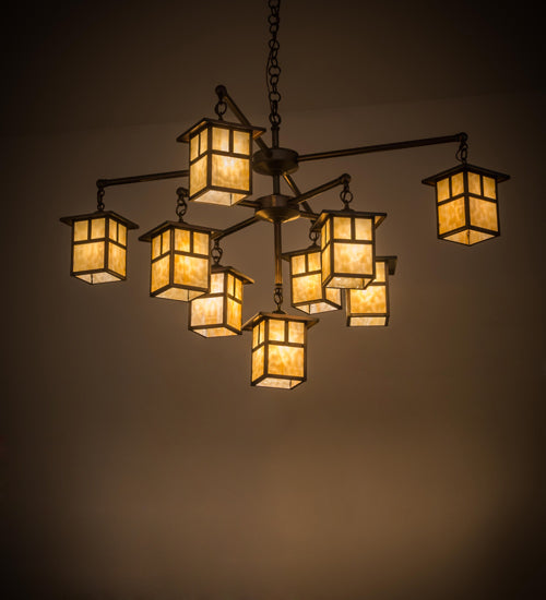 Meyda Lighting Hyde Park 50" 9-Light Weathered Antique Brass "T" Mission Chandelier With Beige Shade Glass