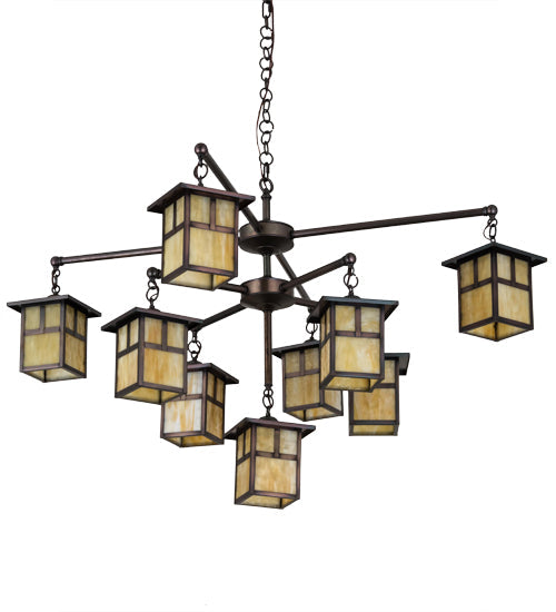 Meyda Lighting Hyde Park 50" 9-Light Weathered Antique Brass "T" Mission Chandelier With Beige Shade Glass