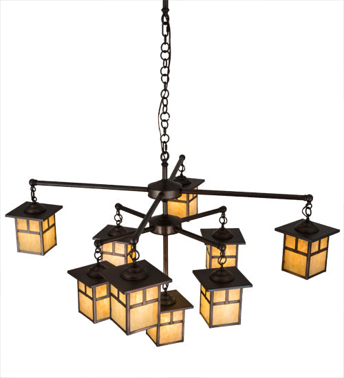 Meyda Lighting Hyde Park 50" 9-Light Weathered Antique Brass "T" Mission Chandelier With Beige Shade Glass