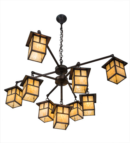 Meyda Lighting Hyde Park 50" 9-Light Weathered Antique Brass "T" Mission Chandelier With Beige Shade Glass