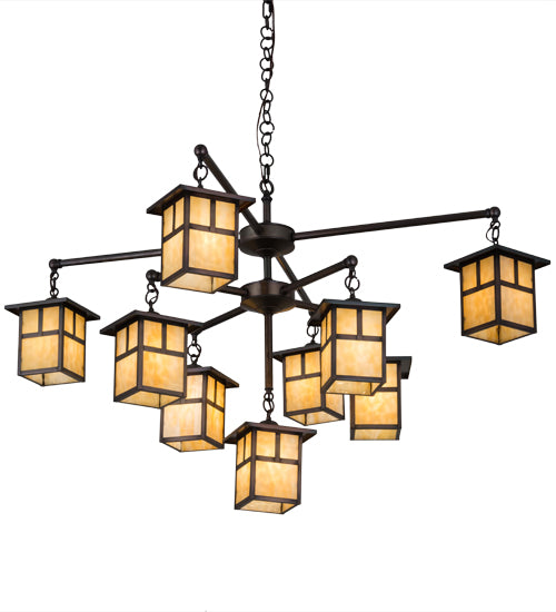 Meyda Lighting Hyde Park 50" 9-Light Weathered Antique Brass "T" Mission Chandelier With Beige Shade Glass