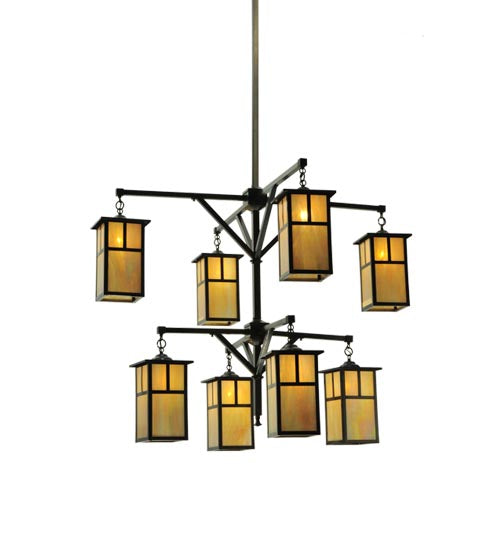 Meyda Lighting Hyde Park 52" 8-Light 2-Tier Craftsman Brown T Mission Chandelier With Beige Iridescent Shade Glass
