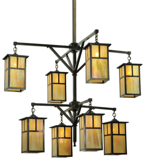Meyda Lighting Hyde Park 52" 8-Light 2-Tier Craftsman Brown T Mission Chandelier With Beige Iridescent Shade Glass
