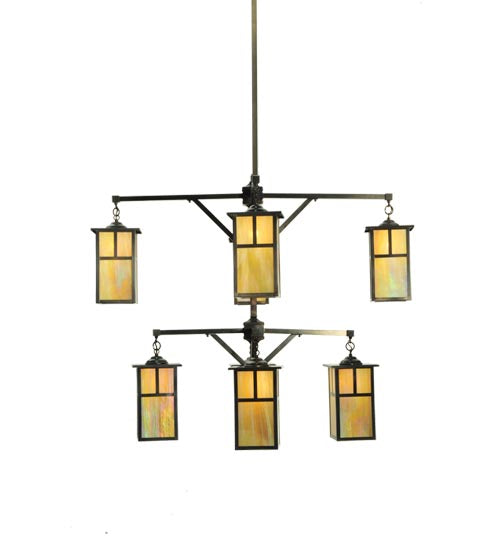 Meyda Lighting Hyde Park 52" 8-Light 2-Tier Craftsman Brown T Mission Chandelier With Beige Iridescent Shade Glass