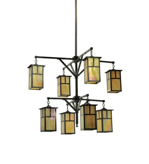 Meyda Lighting Hyde Park 52" 8-Light 2-Tier Craftsman Brown T Mission Chandelier With Beige Iridescent Shade Glass