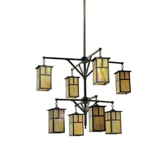 Meyda Lighting Hyde Park 52" 8-Light 2-Tier Craftsman Brown T Mission Chandelier With Beige Iridescent Shade Glass