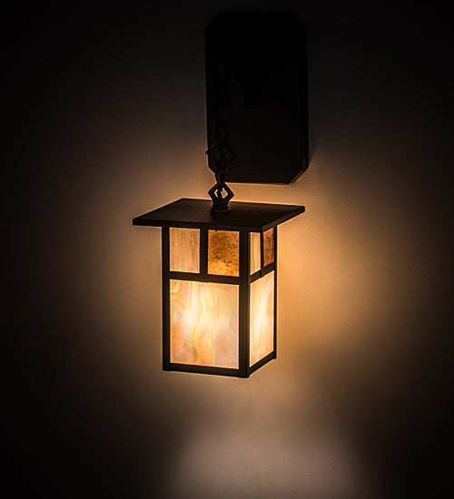 Meyda Lighting Hyde Park 6" Craftsman Brown "T" Mission Hanging Wall Sconce With Beige Iridescent And Amber Mica Shade Glass