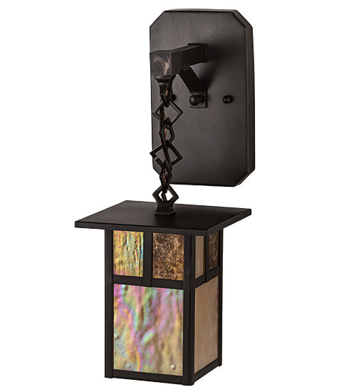 Meyda Lighting Hyde Park 6" Craftsman Brown "T" Mission Hanging Wall Sconce With Beige Iridescent And Amber Mica Shade Glass