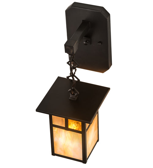 Meyda Lighting Hyde Park 6" Craftsman Brown "T" Mission Hanging Wall Sconce With Beige Iridescent And Amber Mica Shade Glass