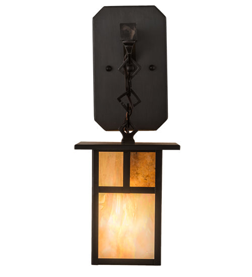 Meyda Lighting Hyde Park 6" Craftsman Brown "T" Mission Hanging Wall Sconce With Beige Iridescent And Amber Mica Shade Glass