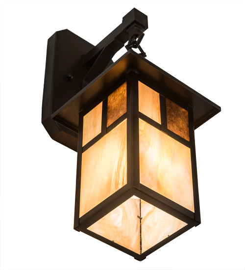 Meyda Lighting Hyde Park 6" Craftsman Brown "T" Mission Hanging Wall Sconce With Beige Iridescent And Amber Mica Shade Glass