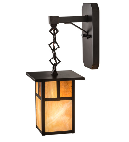 Meyda Lighting Hyde Park 6" Craftsman Brown "T" Mission Hanging Wall Sconce With Beige Iridescent And Amber Mica Shade Glass