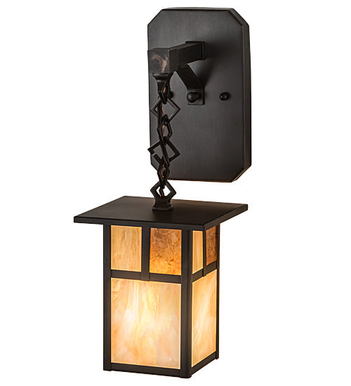Meyda Lighting Hyde Park 6" Craftsman Brown "T" Mission Hanging Wall Sconce With Beige Iridescent And Amber Mica Shade Glass